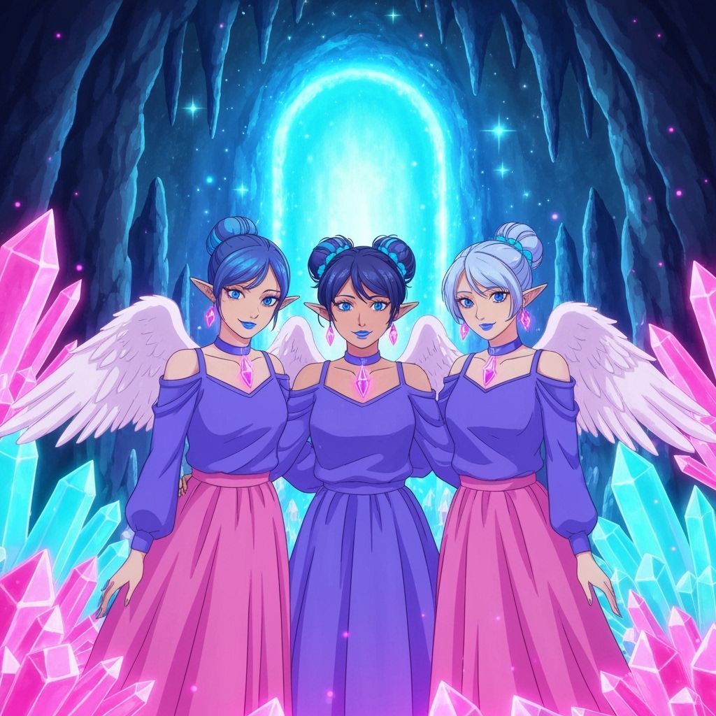 Friends in Crystalline Cave with Portal, Anime Style