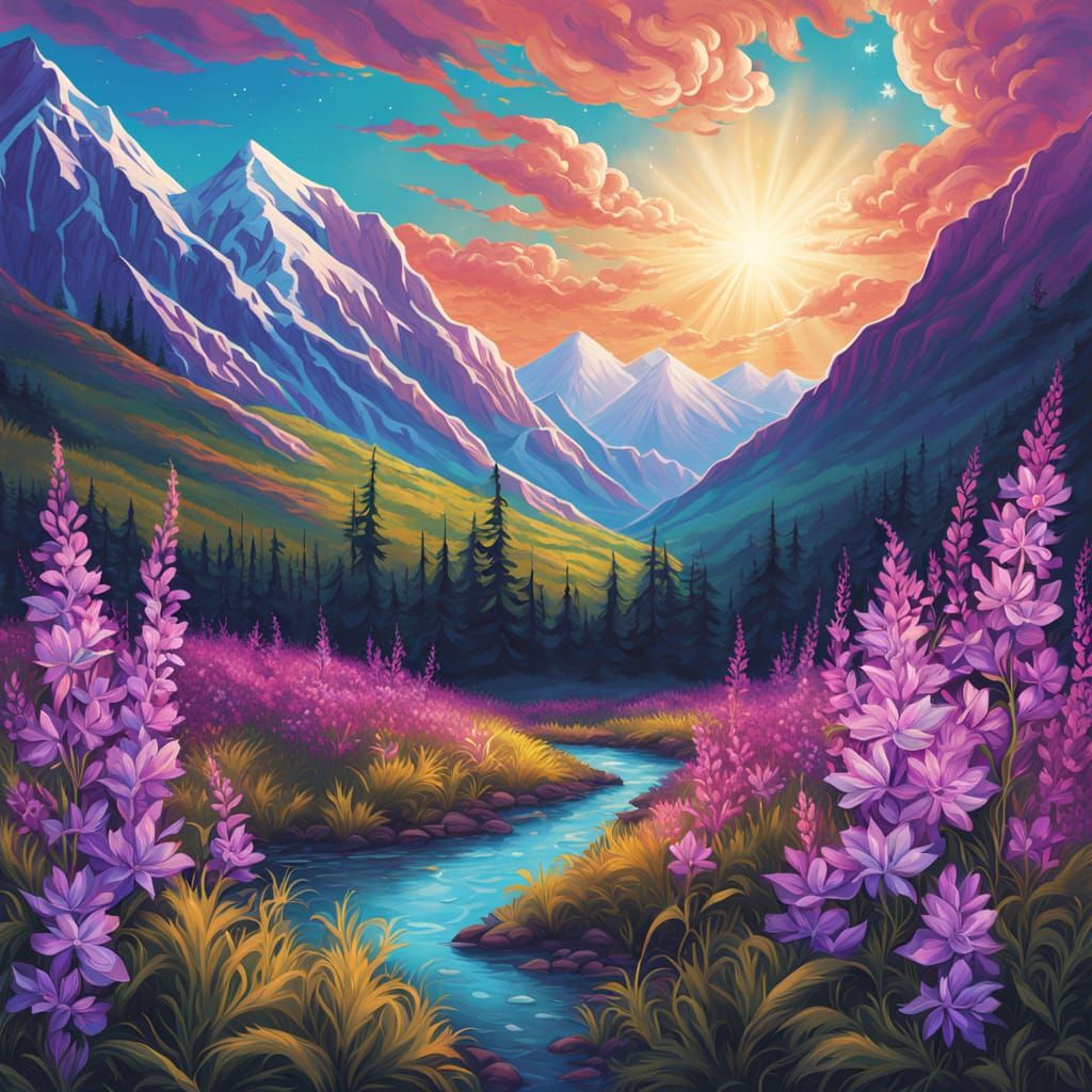 Cosmic Fireweed Meadow Under Denali in Luminous Style