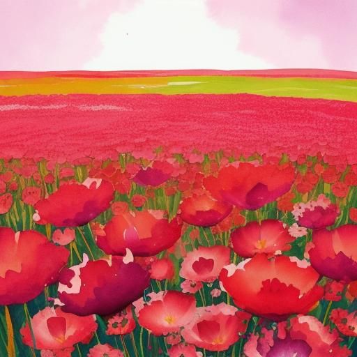 Pink and Red Flower Field in Watercolor