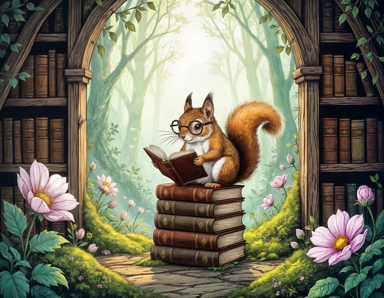 Squirrel Scholar in Forest Reading Nook
