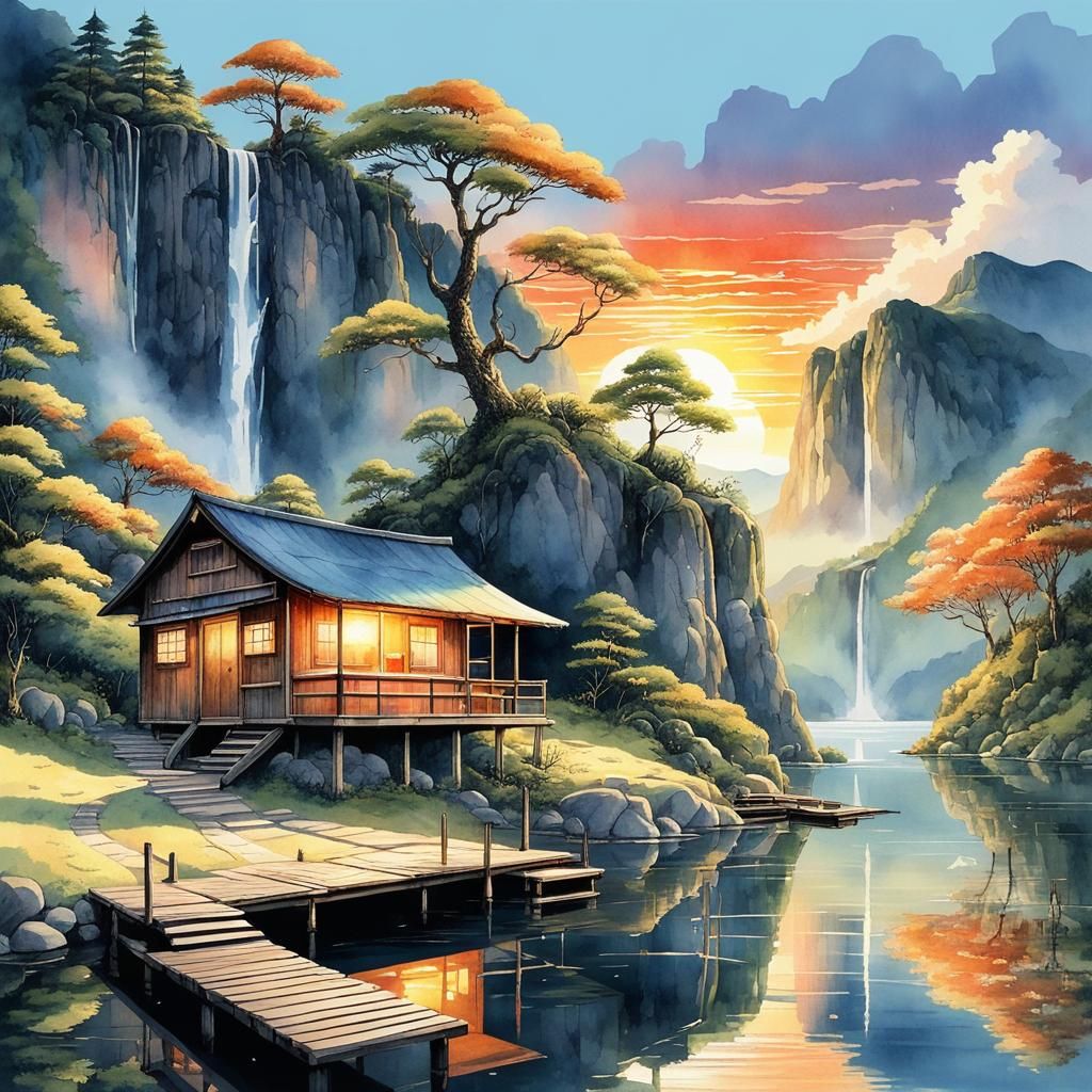 Sunset Hut on Lake with Waterfall in Watercolor