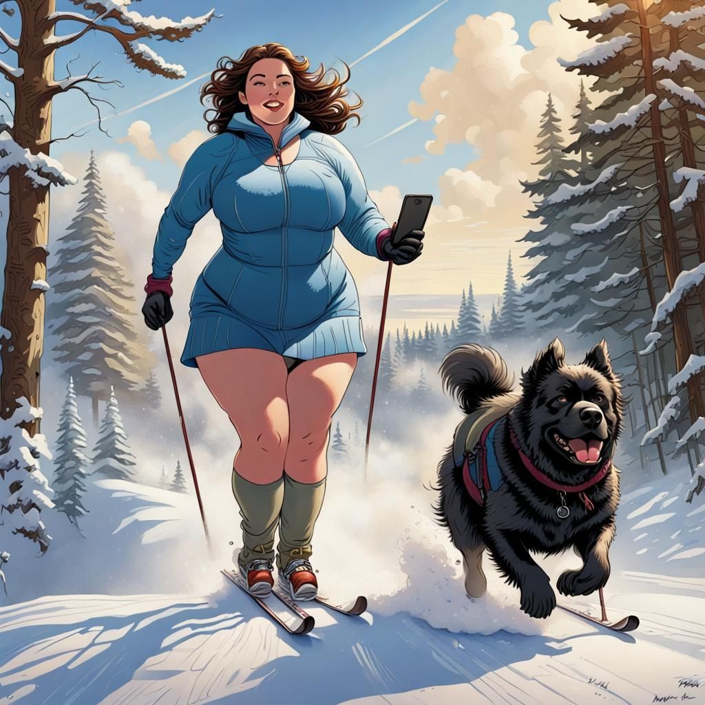 A beautiful woman skiing in Hyde park , a newfoundland dog running next to her.