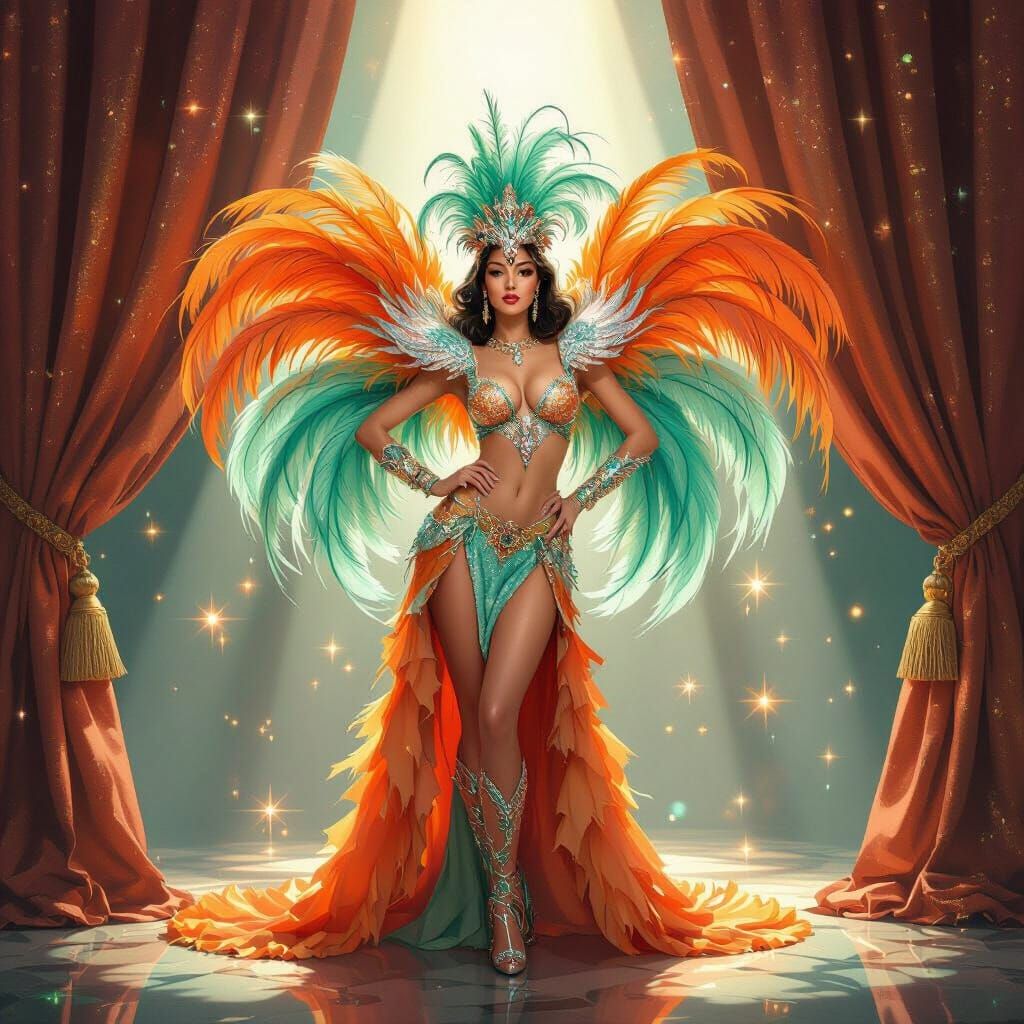 Futuristic Showgirl in Orange and Mint Green, Dreamy Aesthet...