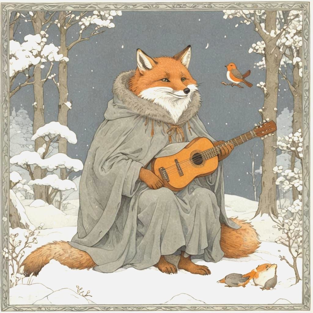 Fox Plays Guitar for Robin in Snowy Scene