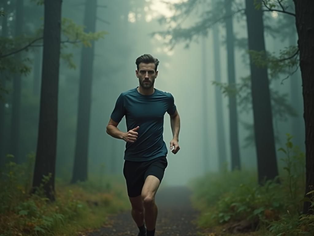 Man Running Through Misty Forest, Cinematic Film Still