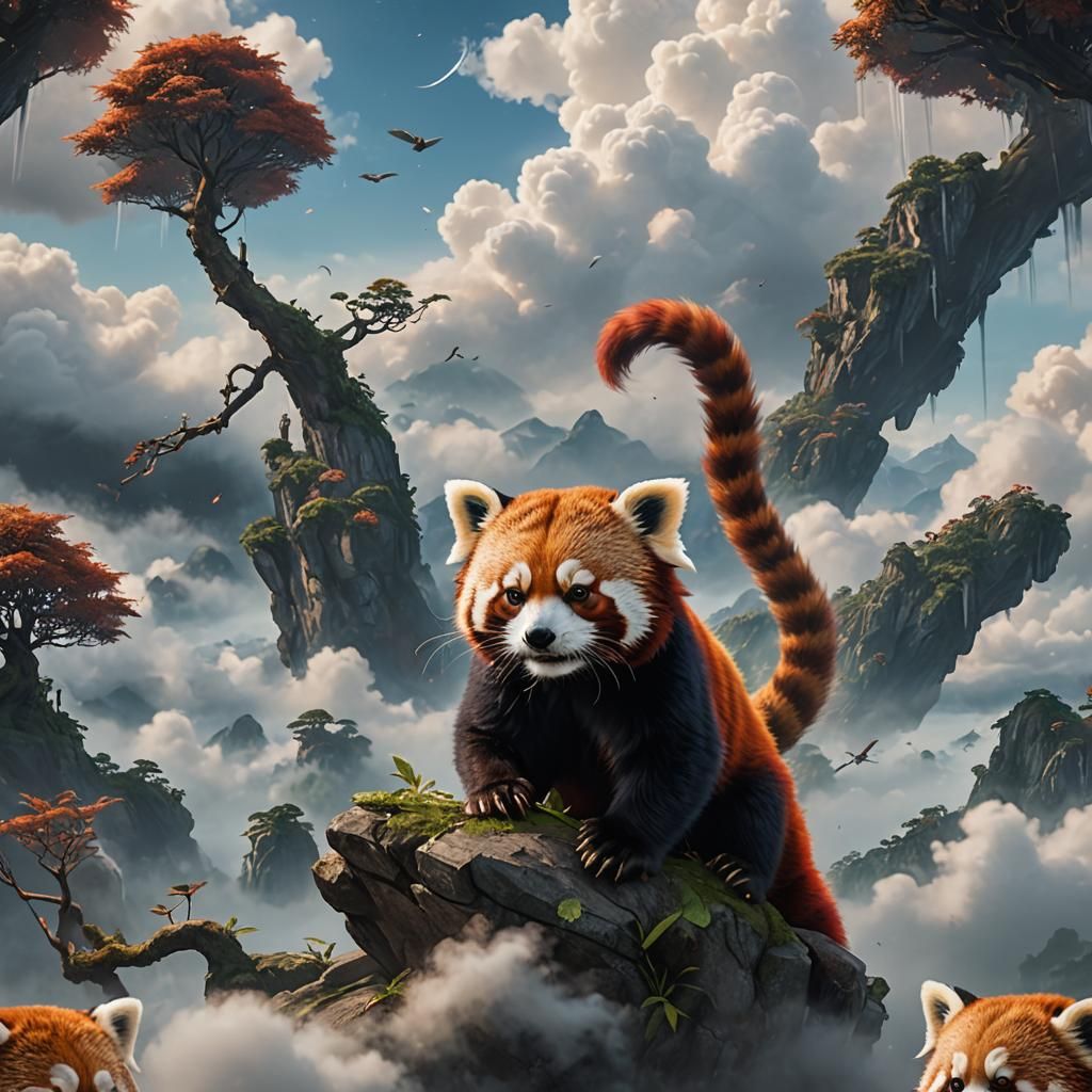 Red Panda Portrait on Cloud, Matte Painting