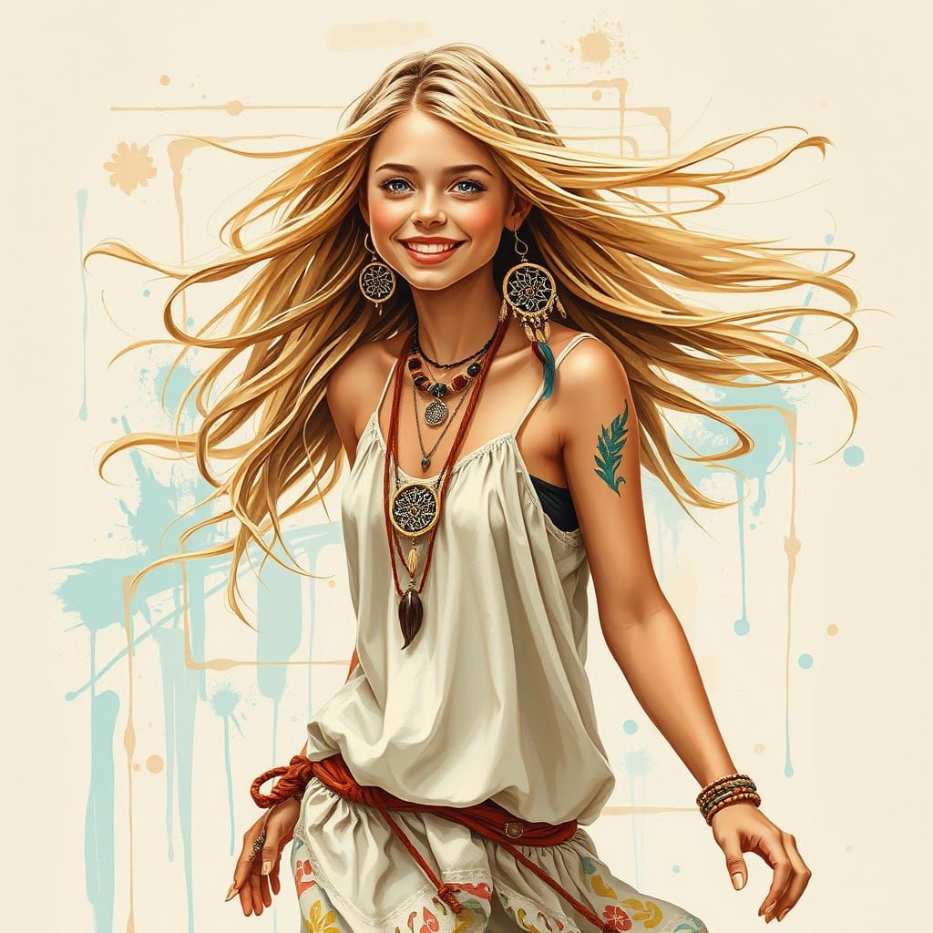 Bohemian Girl in Stylized Oil Painting with Abstracts