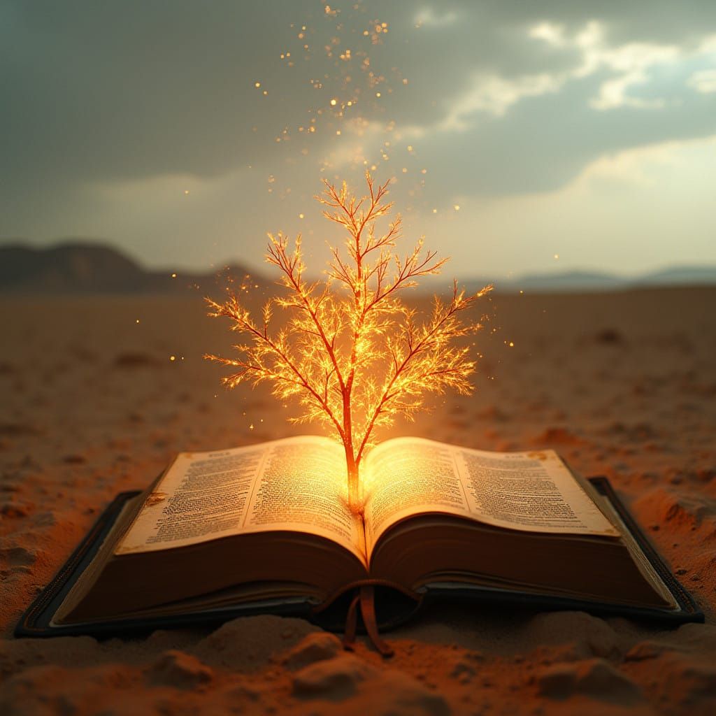 A Fiery Tree Emerges from a Desert Bible in a Surreal, Cinem...