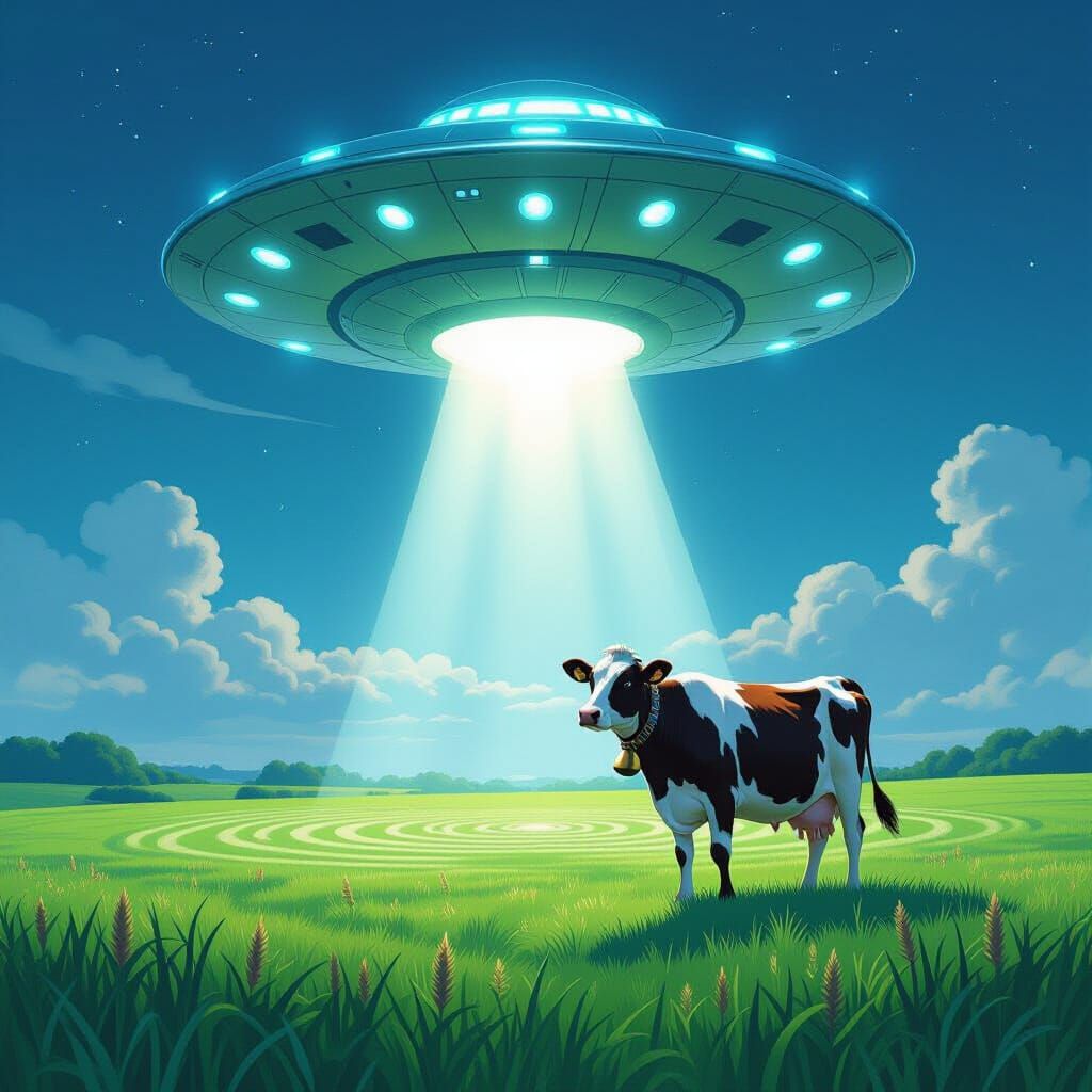 Flying Saucer Abducts Cow in Dreamy Sci-Fi Style