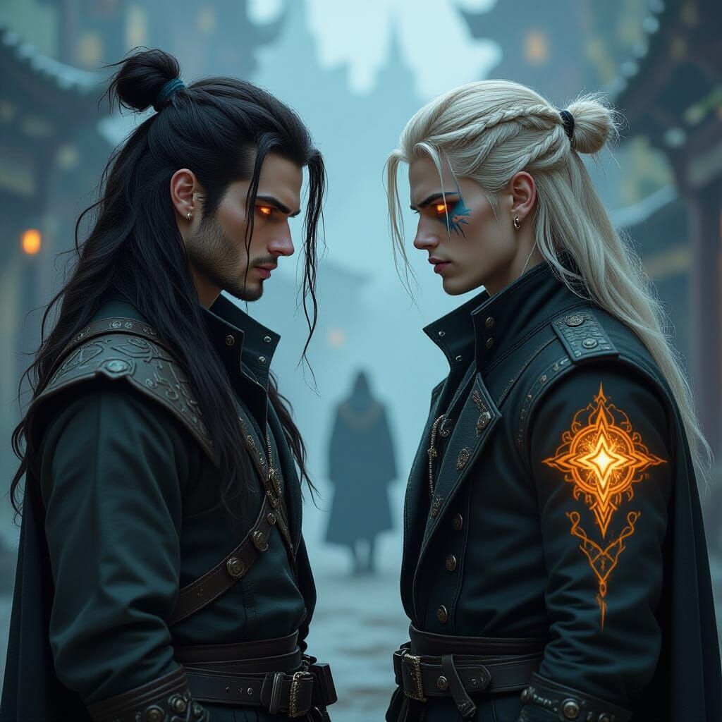 Fantasy Brothers with Runic Tattoos in Cinematic Lighting
