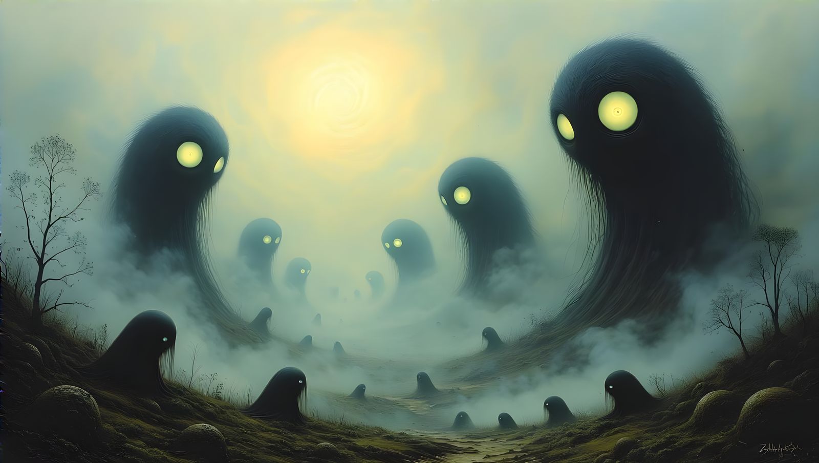 Surreal Landscape with Glowing Creatures in Dreamy Style