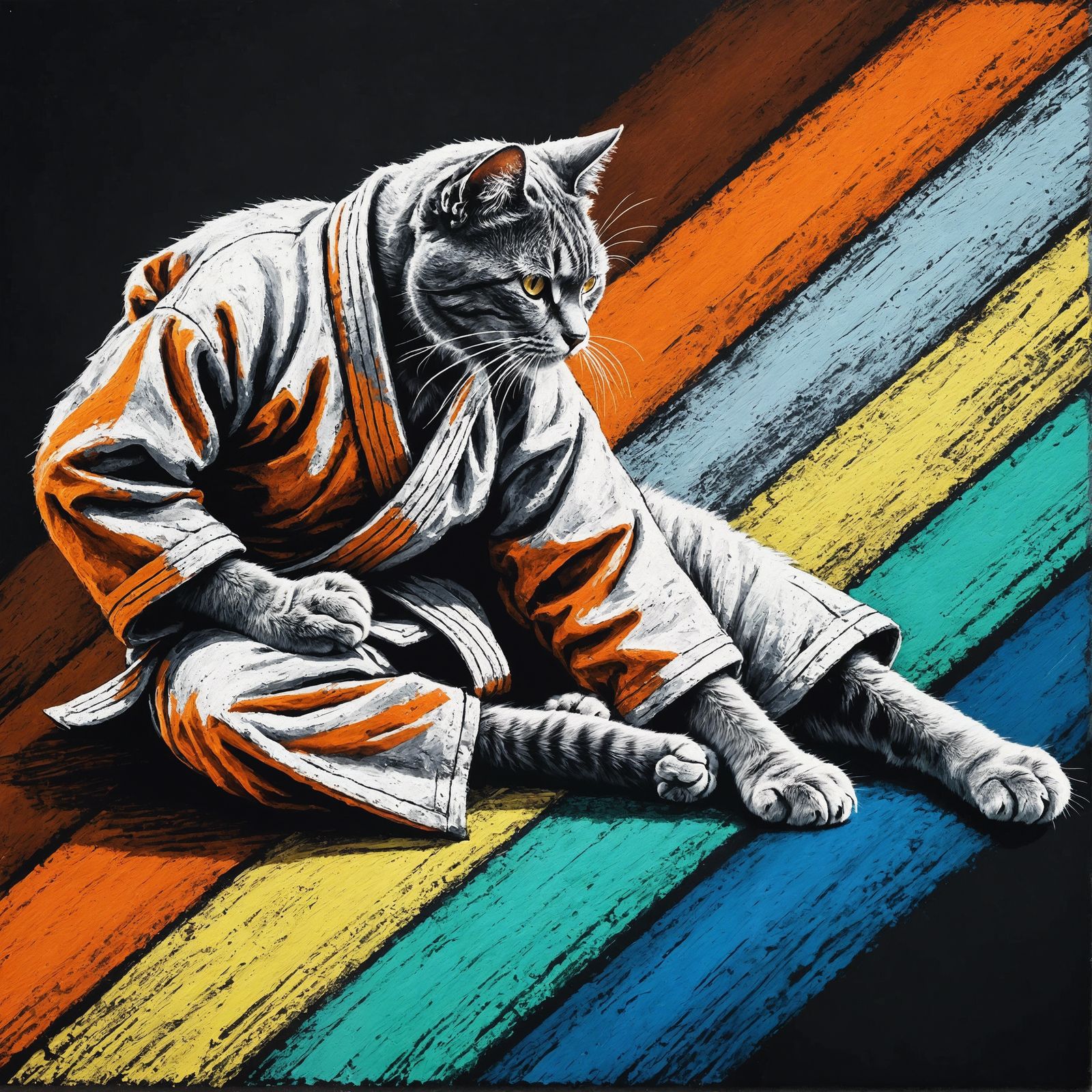 Cat Practicing Ji Jitsu in Chalk Art