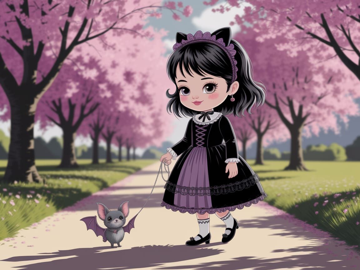 Gothic girl walking with her pet bat on a leash in the park.