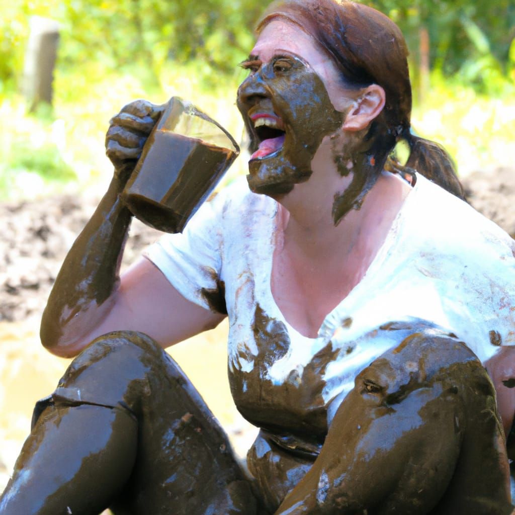 Woman Laughing and Drinking Stout in Mud
