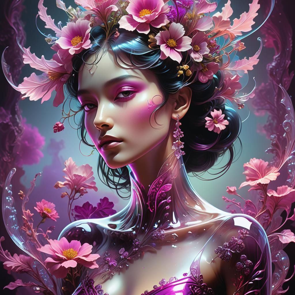 Glass Portrait of Woman with Flowers in Surreal Style