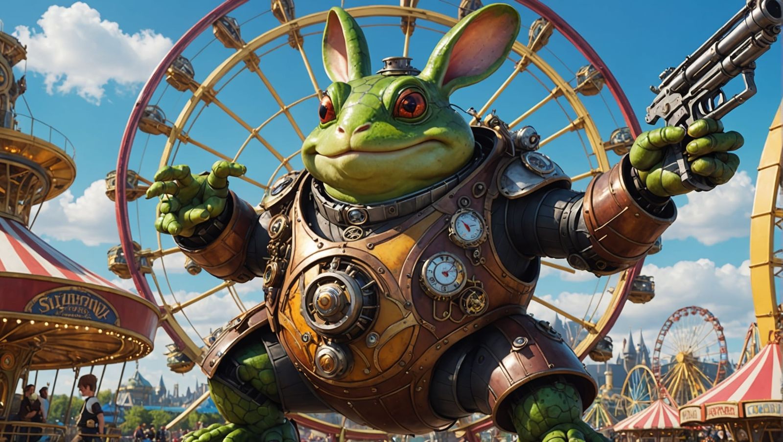 Cyber Rabbit and Steampunk Frog at Amusement Park