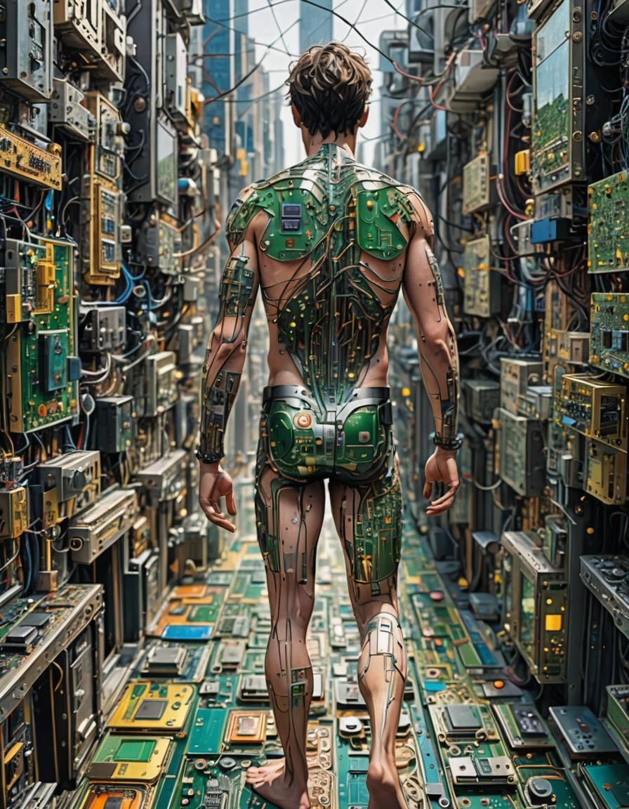 Circuit Board Cityscape with Cyberpunk Walker