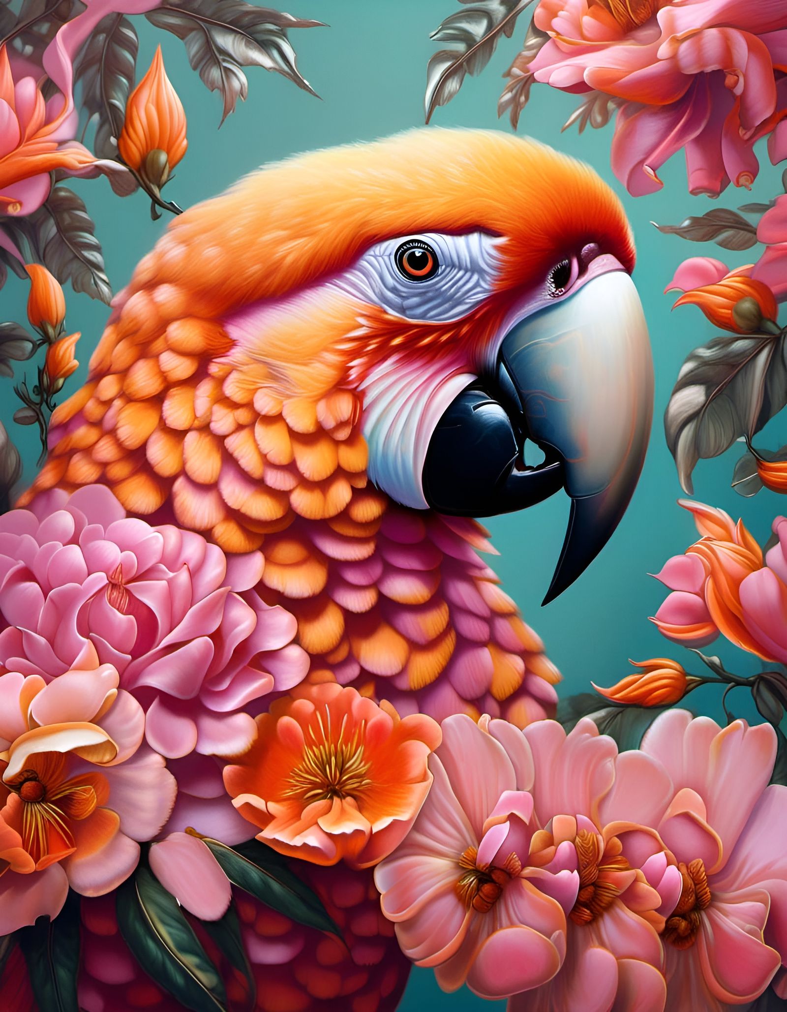 Pink Parrot in Floral Rococo Pop Surrealism