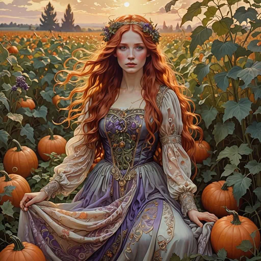 Woman in Pumpkin Field, Alphonse Mucha Style