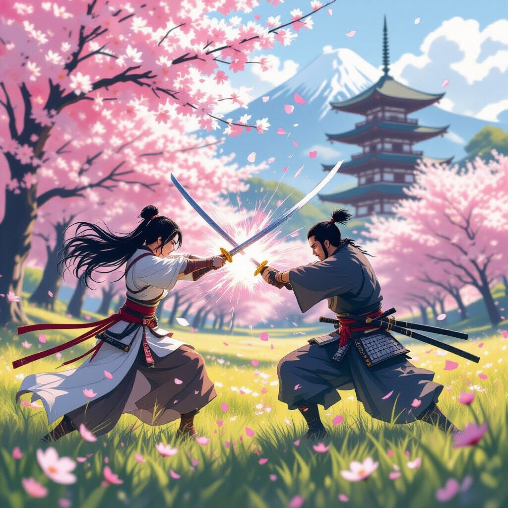 Warrior Battle Amidst Cherry Blossoms in Anime Style