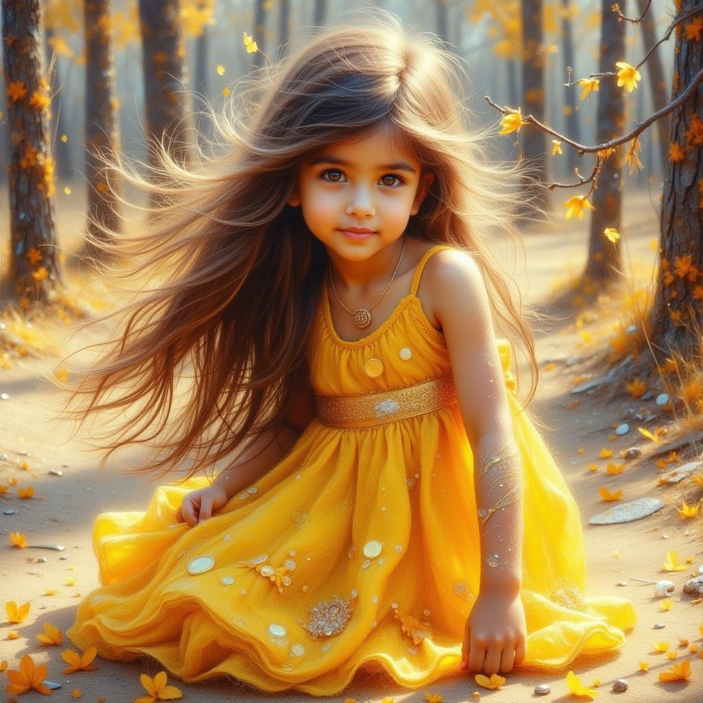 Girl in Yellow Dress Playing at Playground, Acrylic Oil Pain...