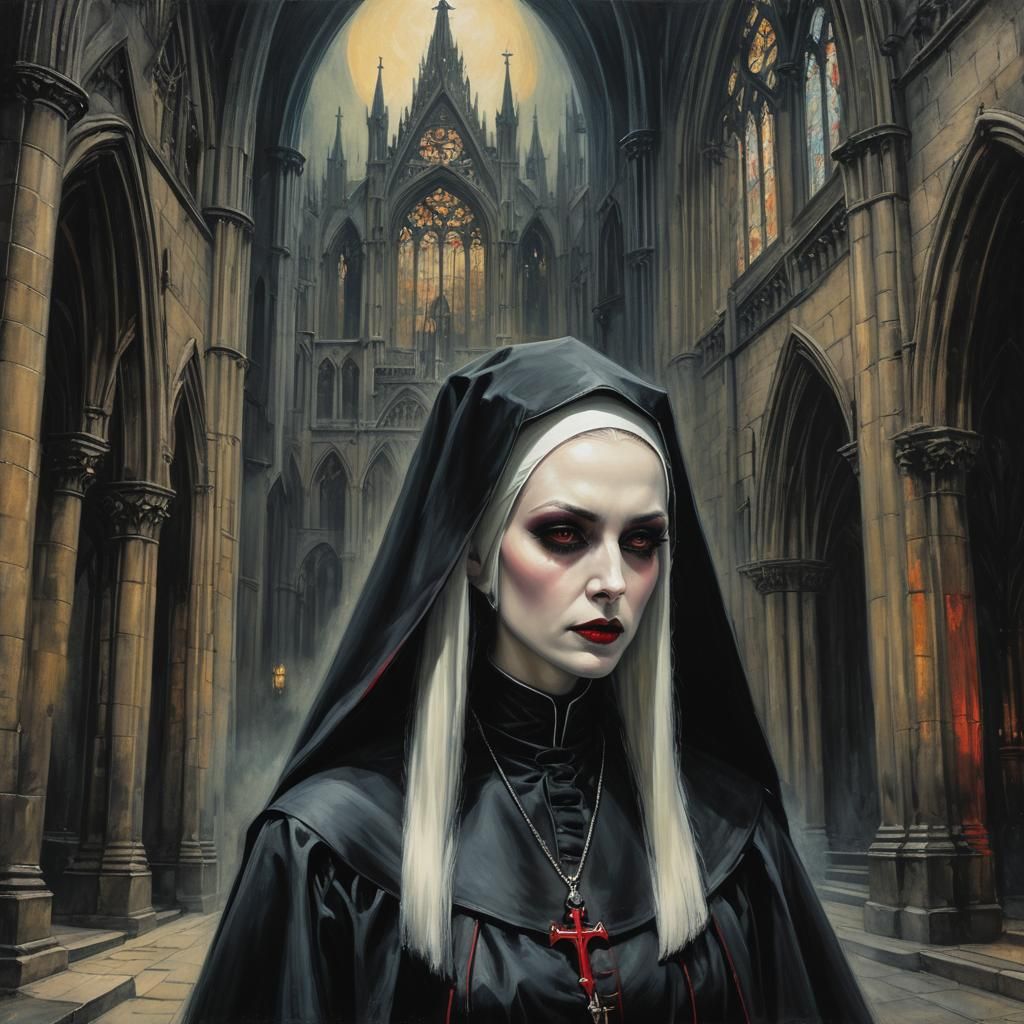 Vampire Nun in Gothic Cathedral: Horror Art