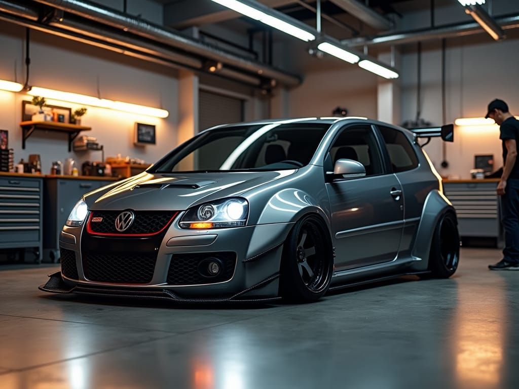 Modified Volkswagen GTI with Widebody Kit in Garage