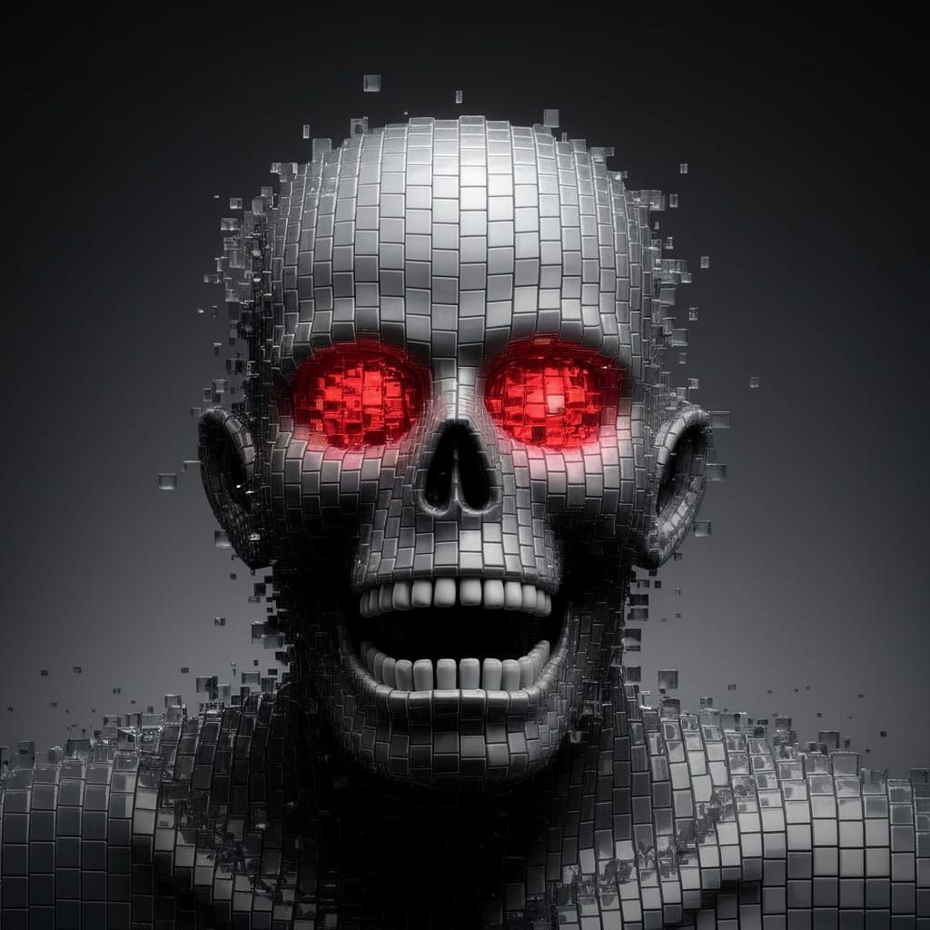 A fearsome, pixelated-looking ghoul formed entirely from smooth black and gray glass tiles