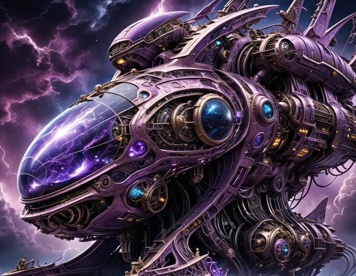 Biomechanical Spaceship with Electric Lighting in Surreal St...