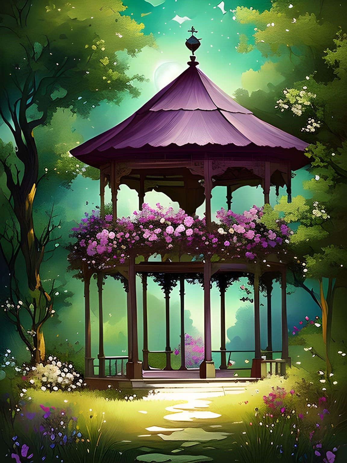 Gazebo in Starry Garden: Impressionist Matte Painting