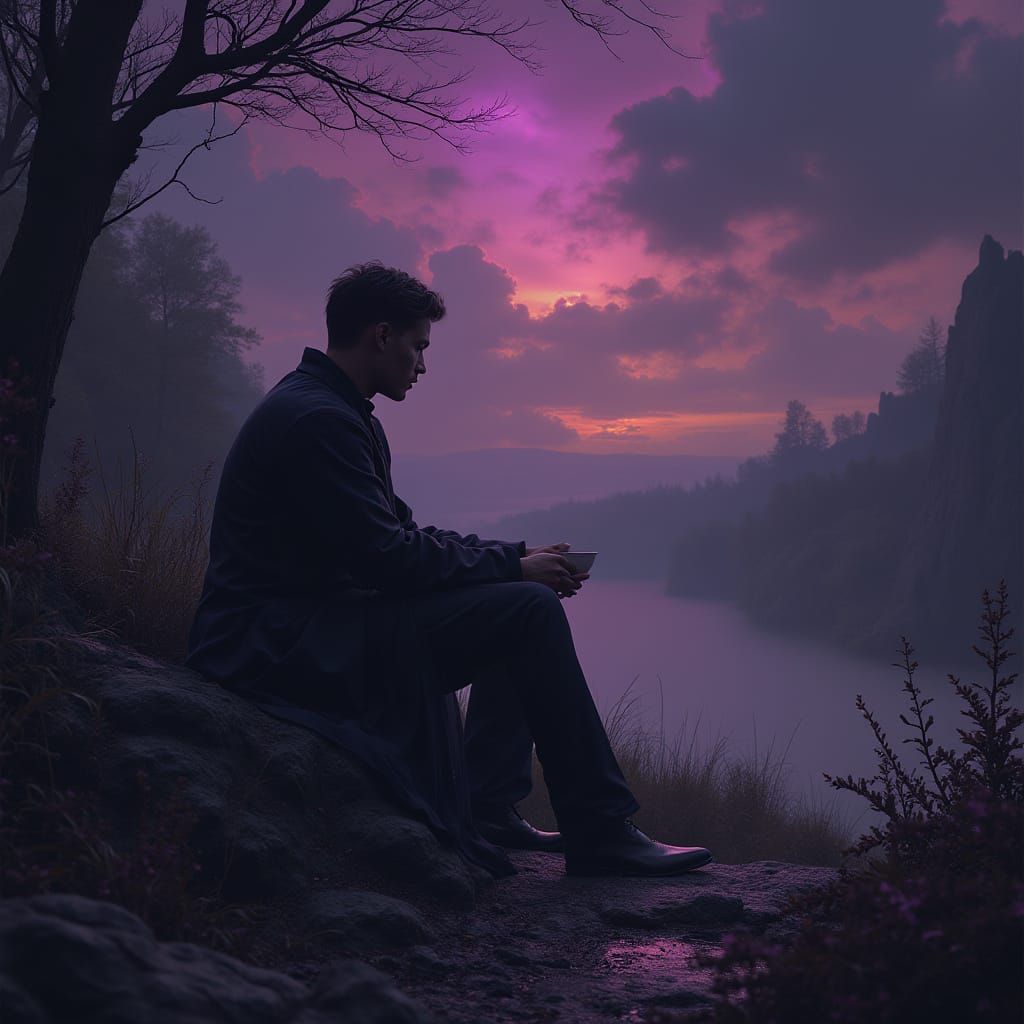 Elegant Man in Contemplative Darkness, Surrounded by Fantasy