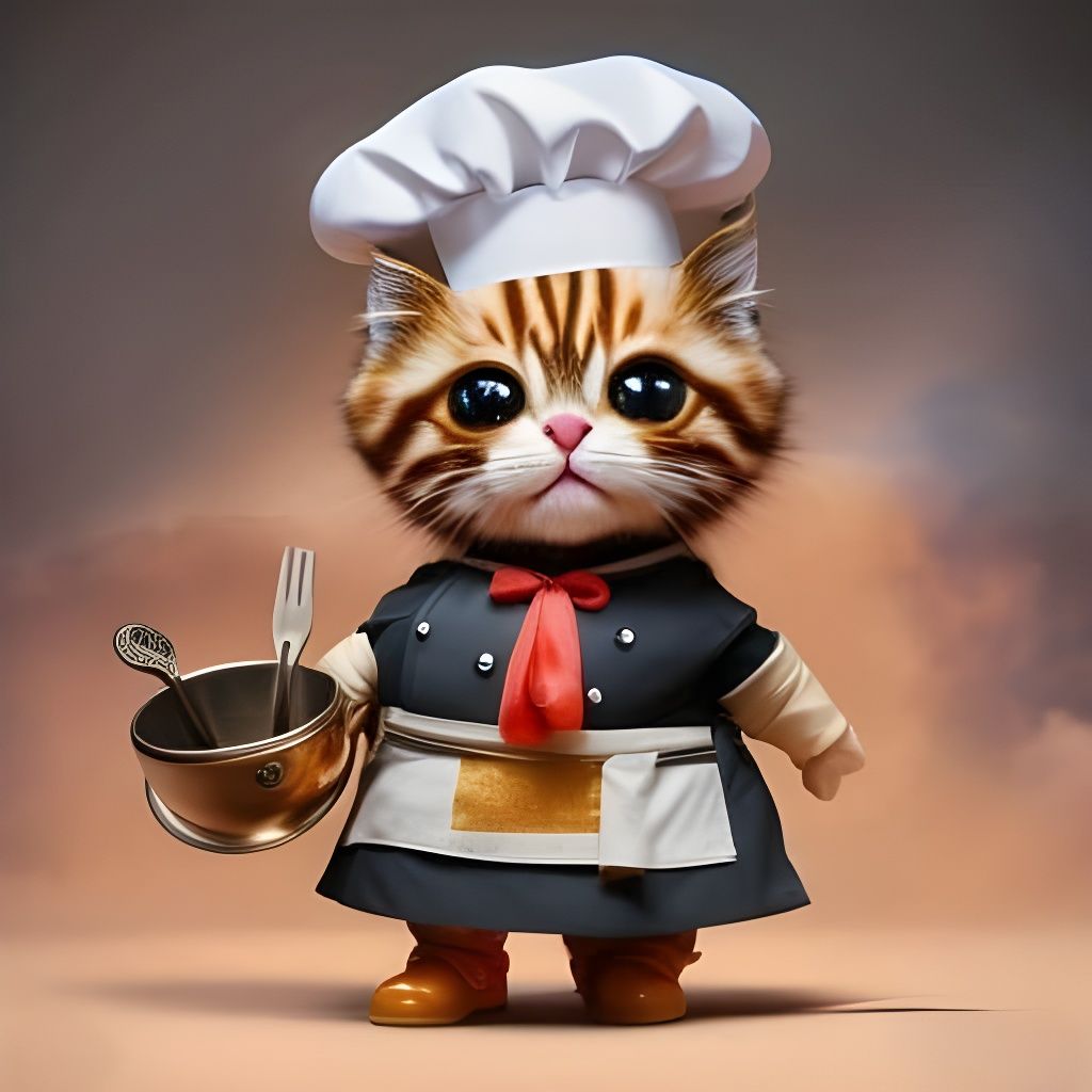 Chibi Kitten Chef Portrait in Kitchen