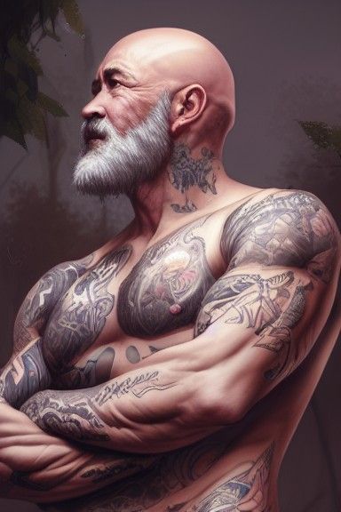 Tattooed Man: Hyper-Detailed Digital Illustration