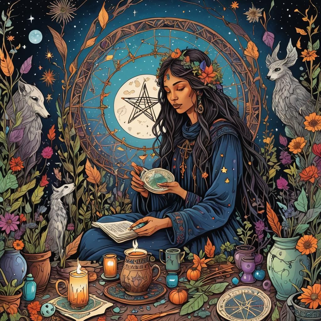 Witch Reading Tarot Card and Herbs