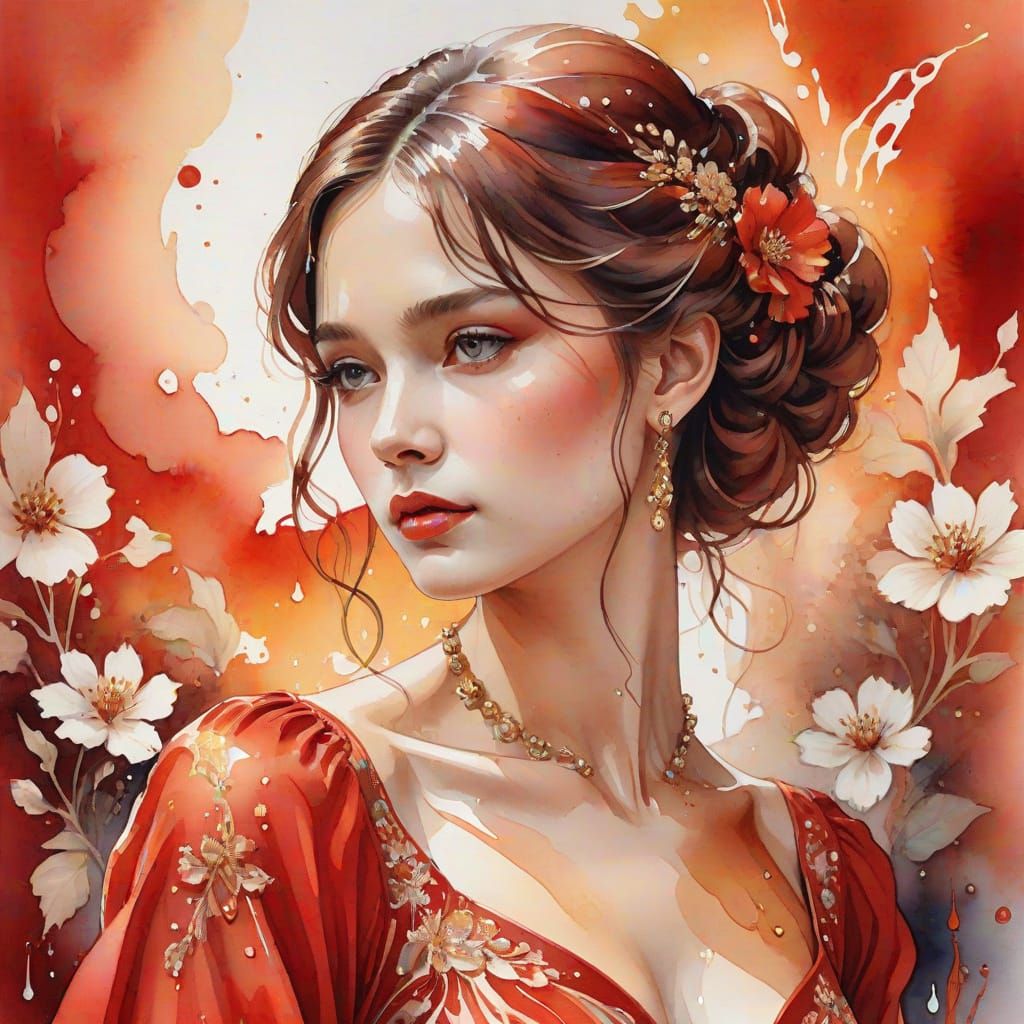 Elegant Lady in Red, Watercolor Art Nouveau Masterpiece