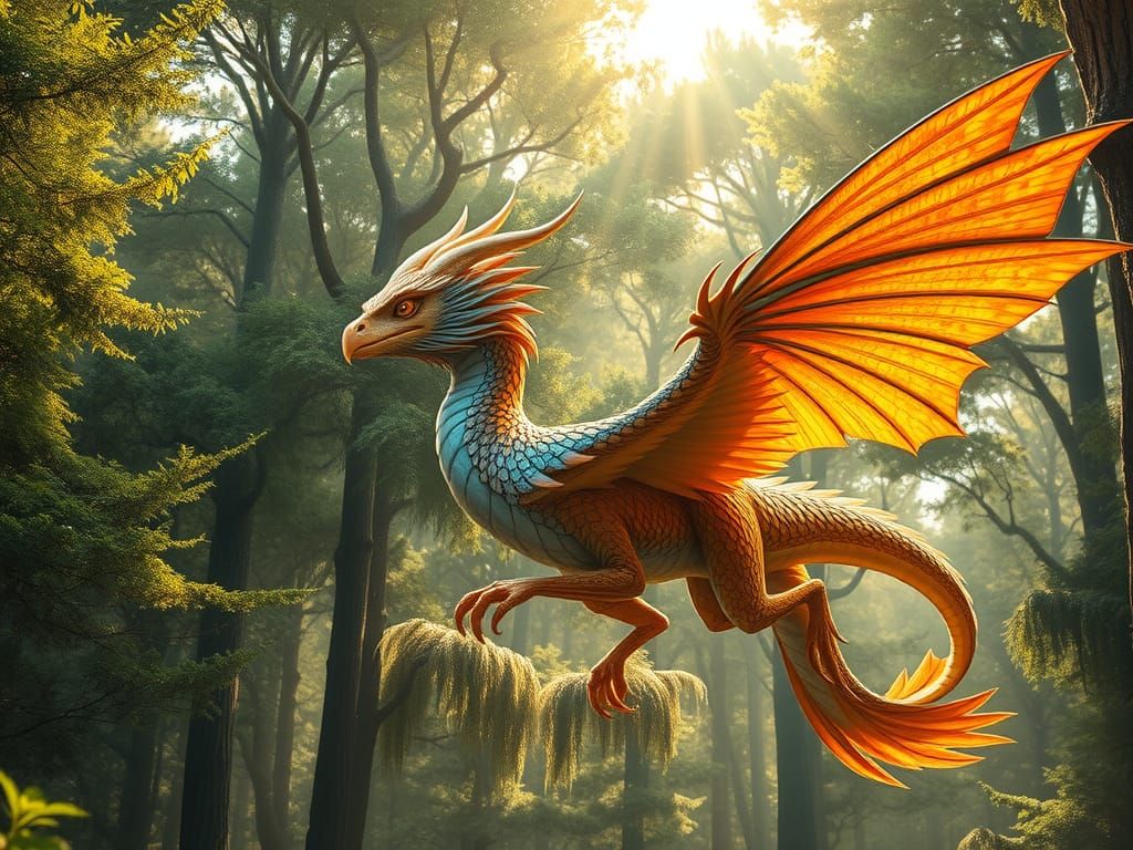 Majestic Dragon-Bird Hybrid Soars Through Enchanted Forest