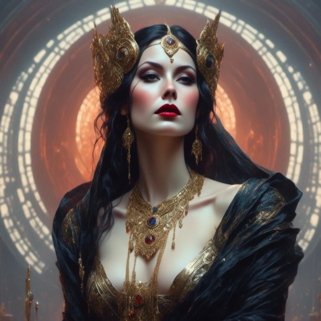 Gothic Vintage Woman with Black Lipstick in Elaborate Photog...