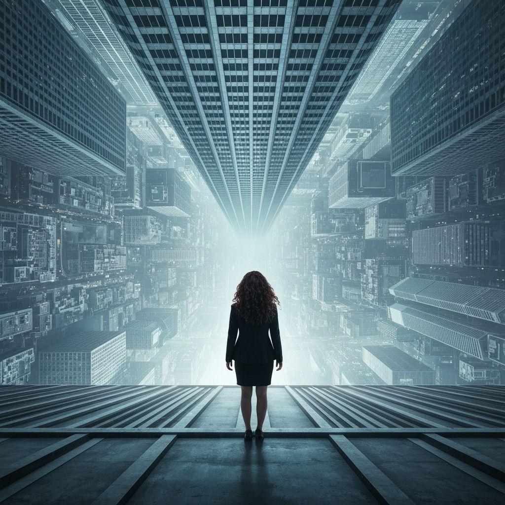 Woman on Skyscraper Rooftop in Futuristic Style