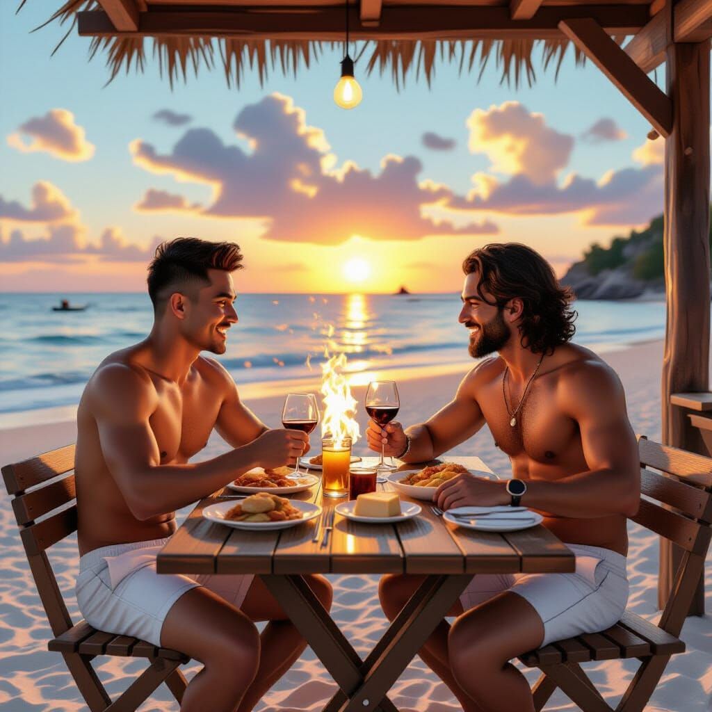 Beach Sunset Dinner in Hyperrealistic Style