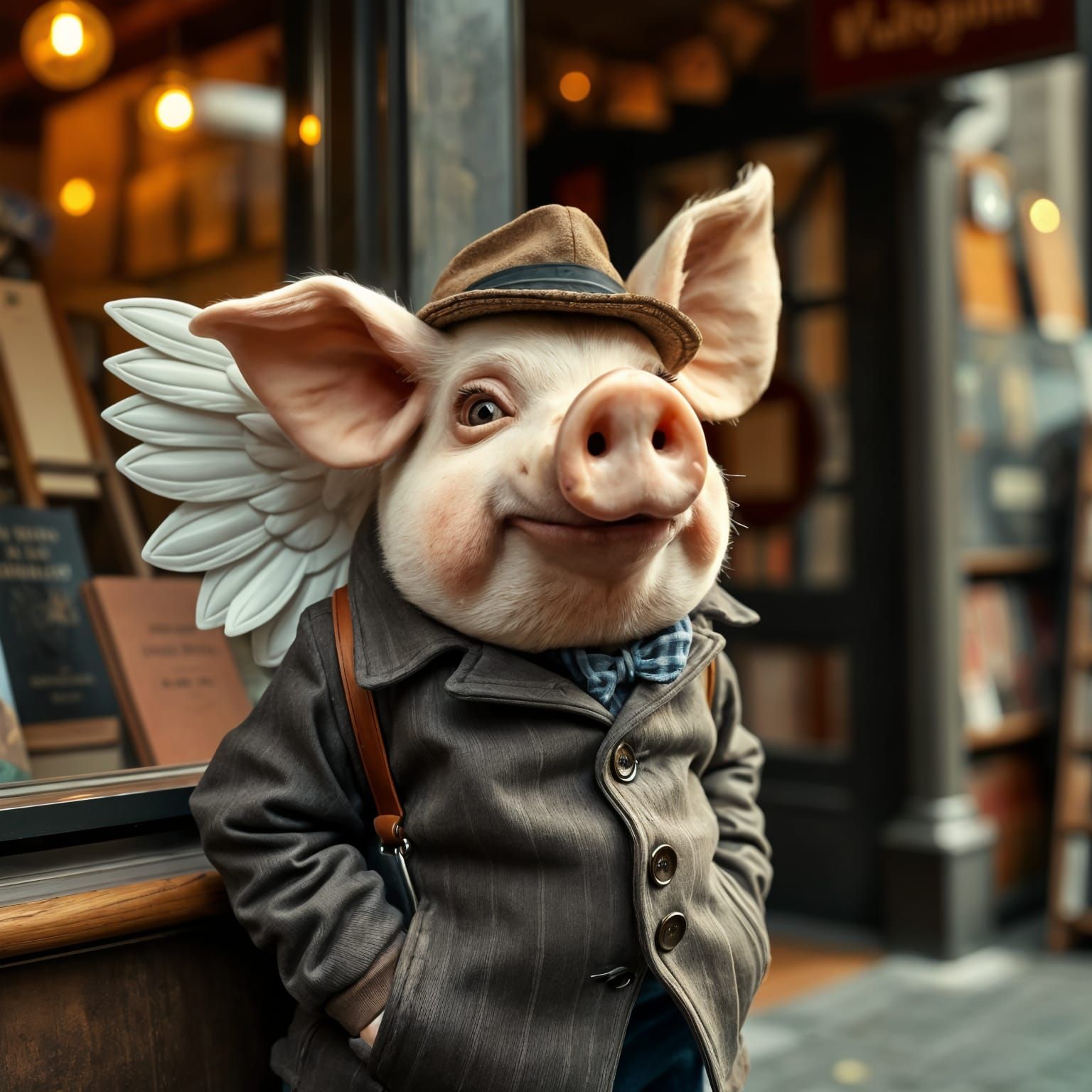 Anthropomorphic Pig Awaits at Bookshop Entrance