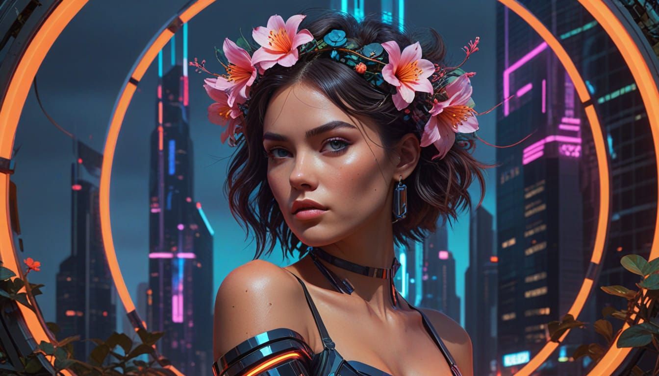 Neon Flower Crown in Hypermodern Cityscape