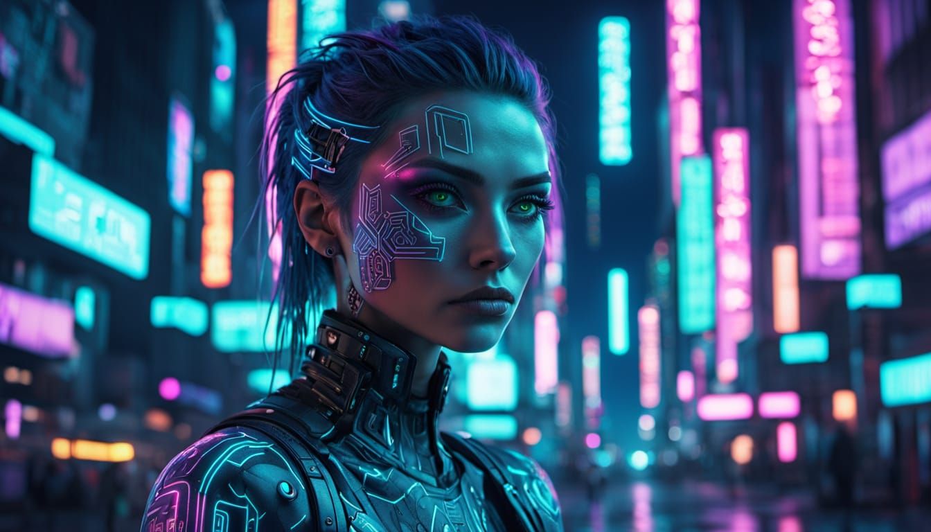 Cyberpunk Girl in Neon City with Glowing Eyes