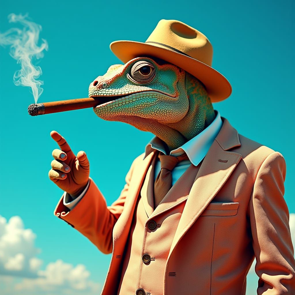 Chameleon in Suit: Hyperrealistic Wes Anderson Style