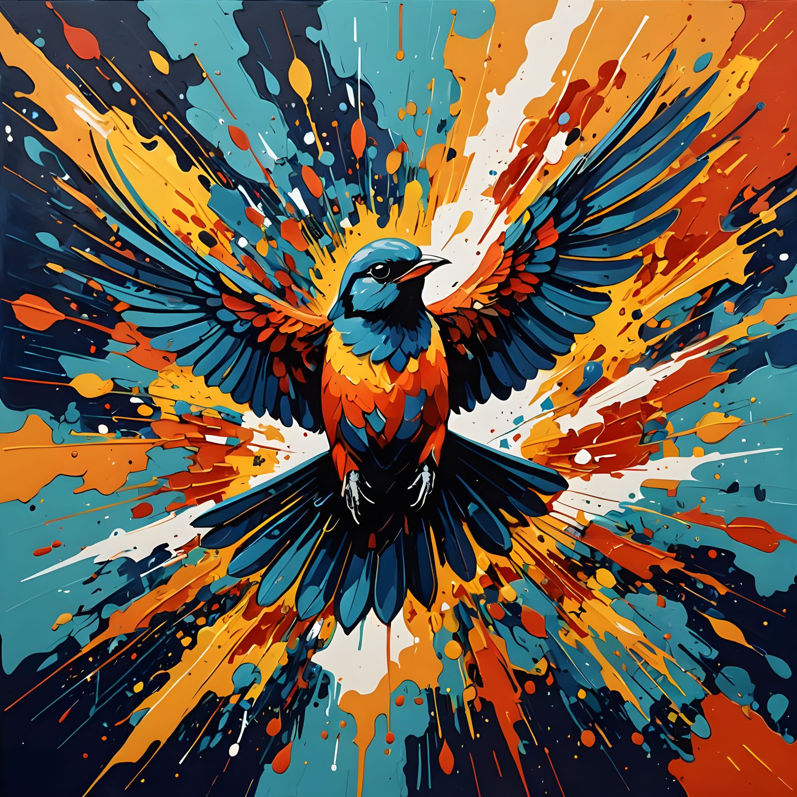 Exploding Pirol Bird: Abstract Art in Complementary Colors