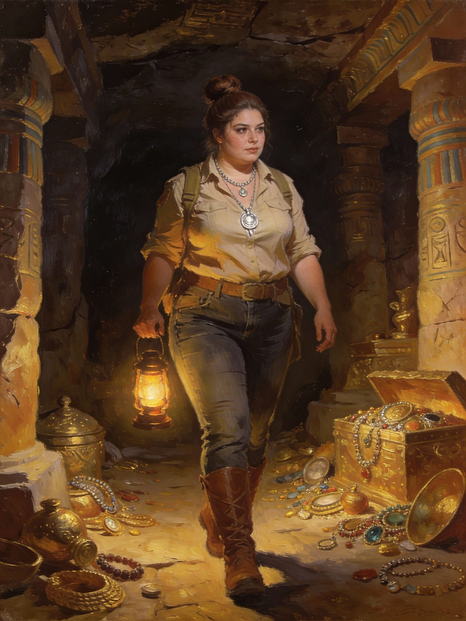 Egyptian Explorer in Ancient Temple, Oil Paint Style