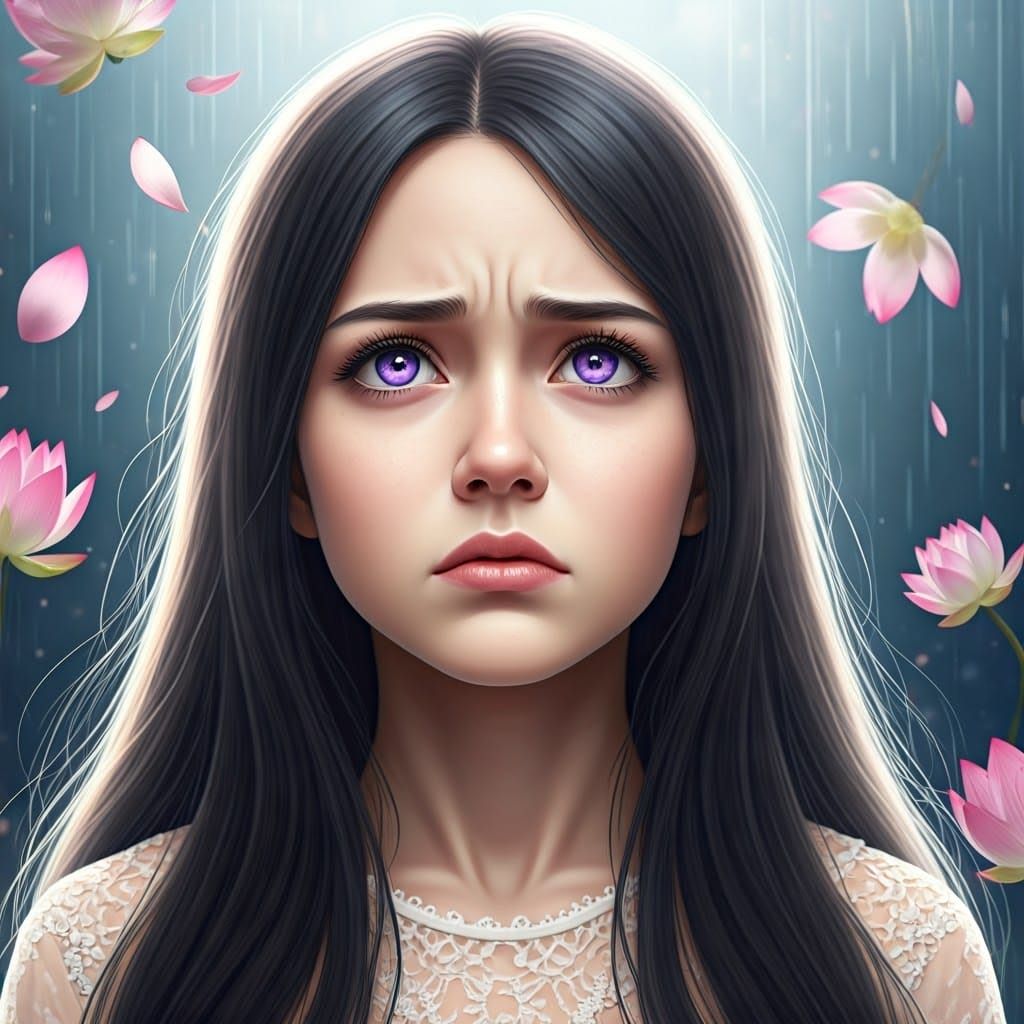 Violet-Eyed Girl in Rain of Lotus Flowers