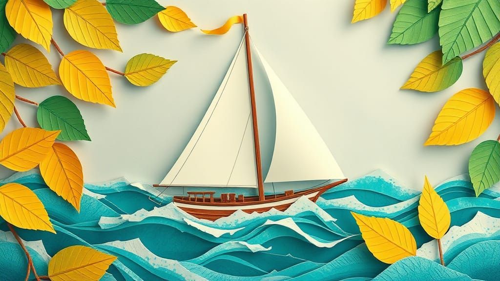 Sailboat Surrounded by Paper Leaves in Collage Style
