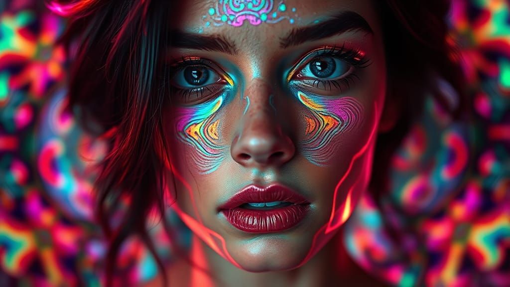 Psychedelic Woman's Face in Dreamlike Kaleidoscope