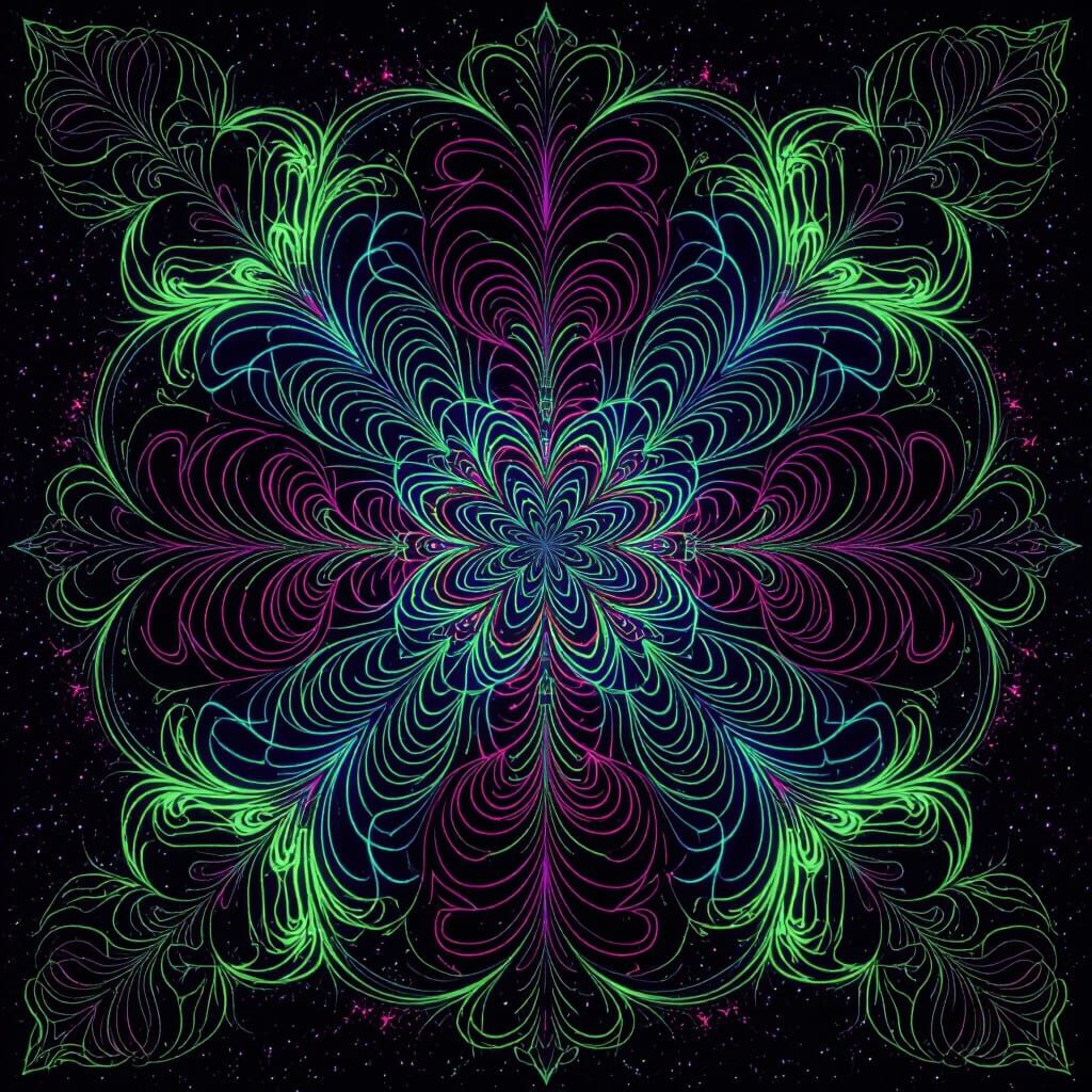 Neon Psychedelic Pattern in Cosmic Black