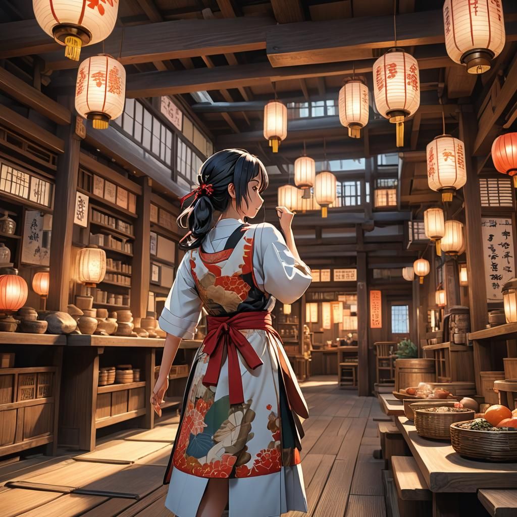 Anime Girl Working at Store in Japanese Fantasy Style